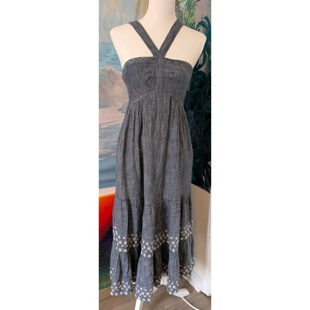 Cleobella XS Blue Denim 100% Cotton Embroidered Midi Sundress Pockets Super Soft